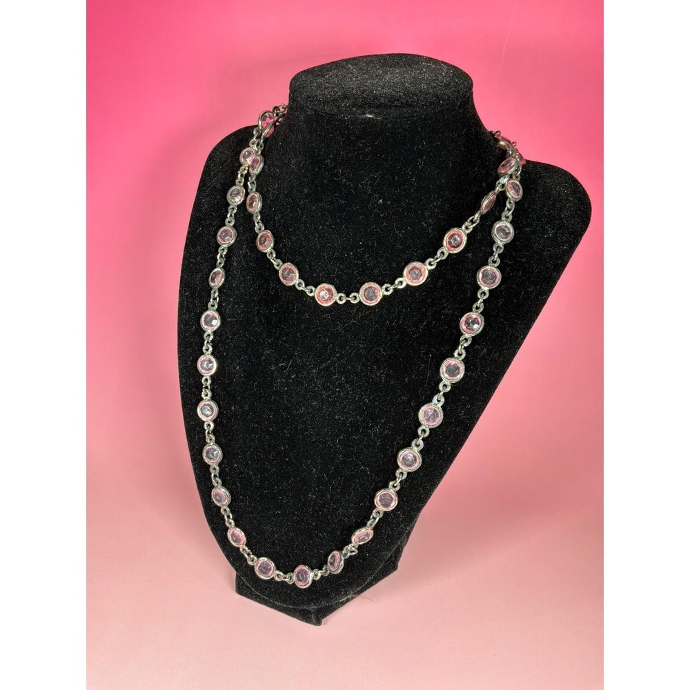 Vintage Pink Faceted Crystal Sterling Silver Long Necklace - Picture 3 of 4